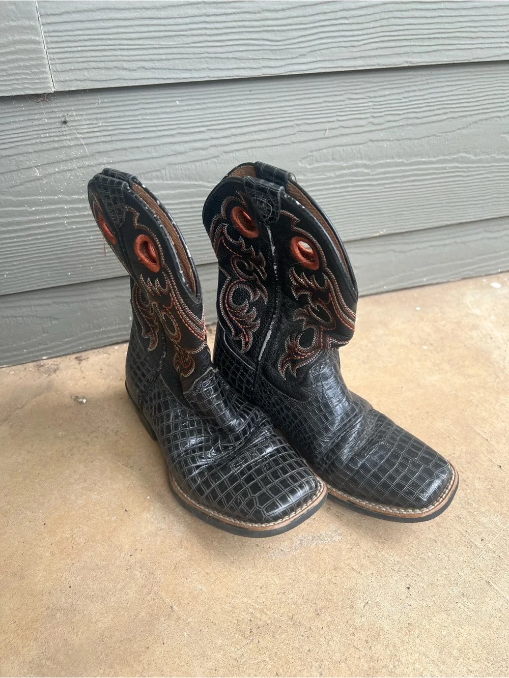 Ariat Black Croc-Embossed Western Boots with Orange Stitching size 13